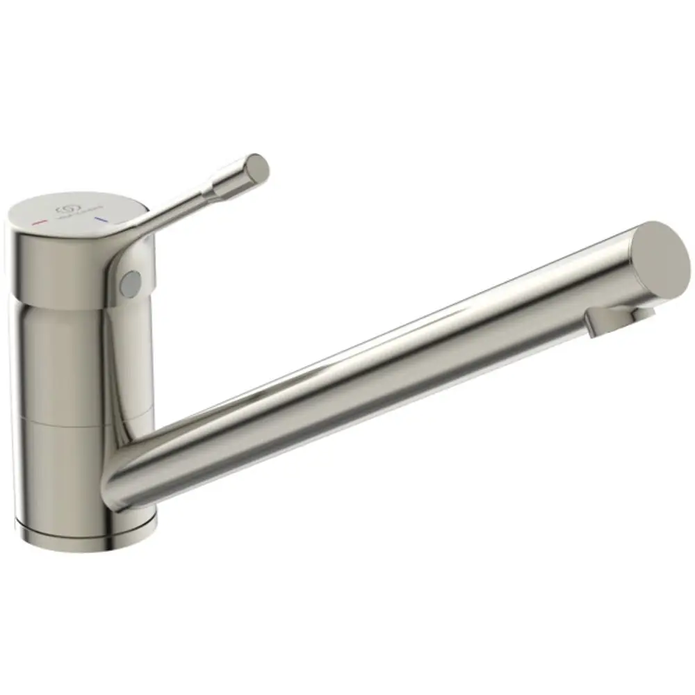Hochglänzende Küchenarmatur aus Edelstahl mit langen, geraden Auslauf und einem Hebel zur Auswahl von Warm- und Kaltwasser. Hersteller Ideal Standard.